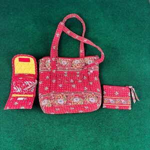 Vera Bradley Quilted Red Floral Tote Bag Cosmetic Pouch Travel Set